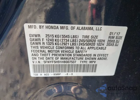 2017 Honda Pilot Touring from USA, damaged, VIN 5FNYF5H91HB007537